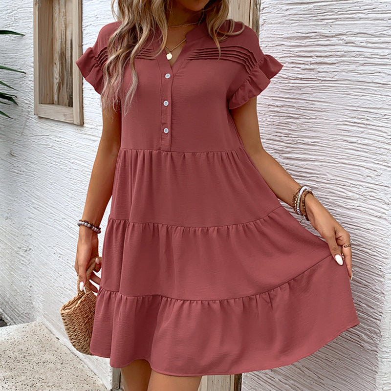 Solid Tiered A-Line Dress with V-Neck and Ruffle Sleeves