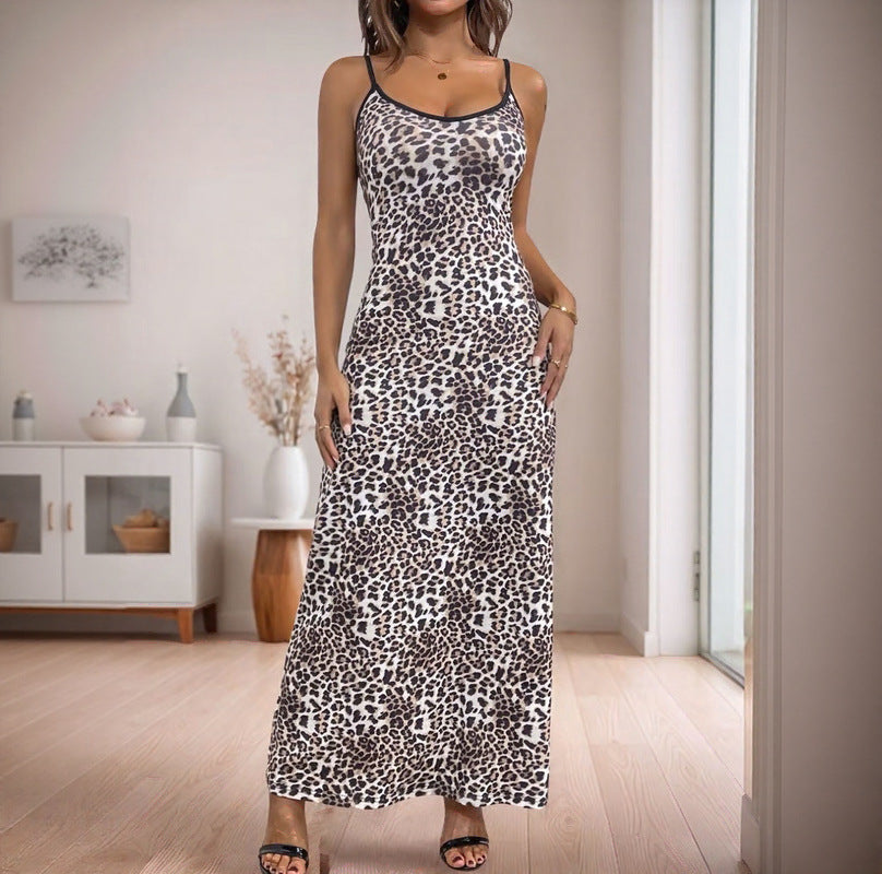 Fitted Leopard Print Maxi Slip Dress with V-Neck