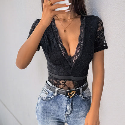 Lace Bodysuit with Deep V-Neck and Short Sleeves