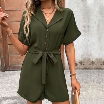 Collared Button-Front Romper with Self-Tie Waist