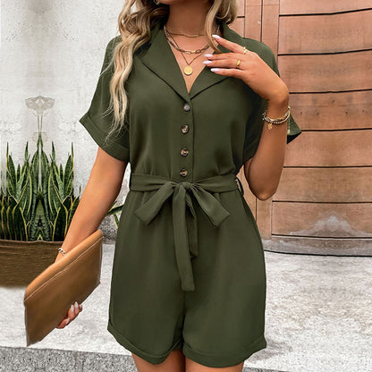 Collared Button-Front Romper with Self-Tie Waist