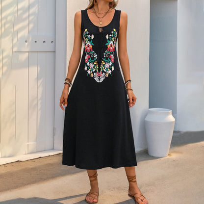Sleeveless A-Line Midi Dress with Floral Embroidery