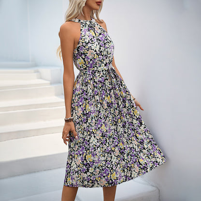 Floral Print Halter Midi Dress with Pleated Skirt