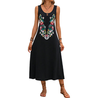 Sleeveless A-Line Midi Dress with Floral Embroidery