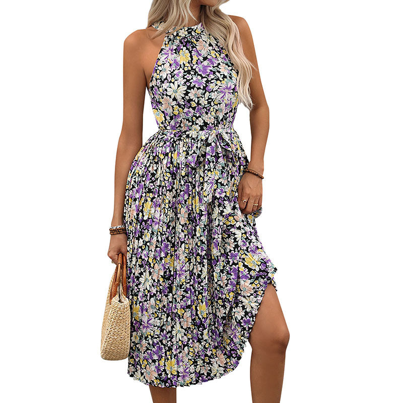 Floral Print Halter Midi Dress with Pleated Skirt