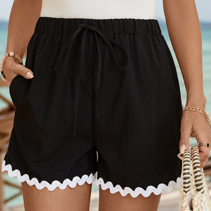 Loose High-Waist Drawstring Shorts with Scalloped Hem