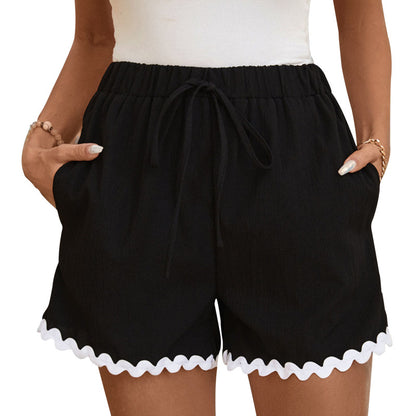 Loose High-Waist Drawstring Shorts with Scalloped Hem