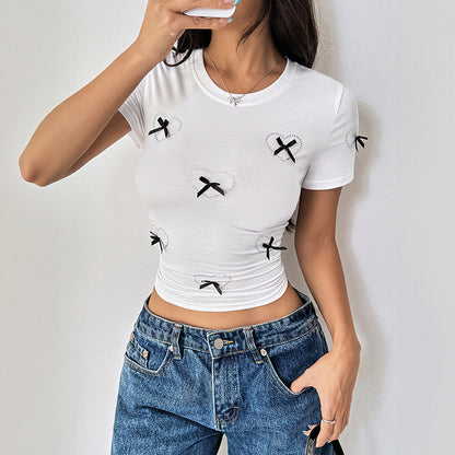 Slim Fit Cropped Round Neck Top with Bows and Hearts