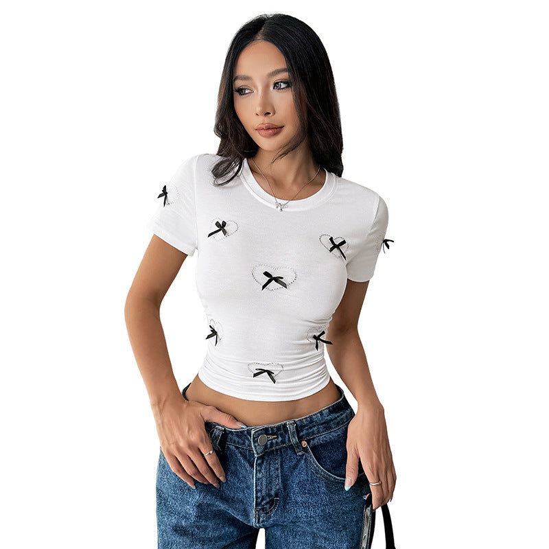 Slim Fit Cropped Round Neck Top with Bows and Hearts