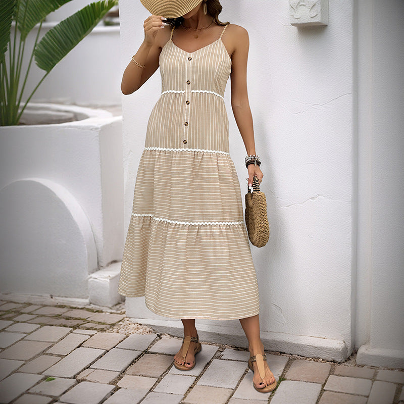 Striped Cami Maxi Dress with Tiered Skirt and Button Front