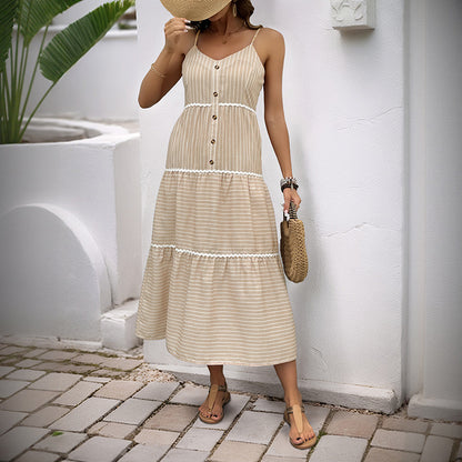 Striped Cami Maxi Dress with Tiered Skirt and Button Front