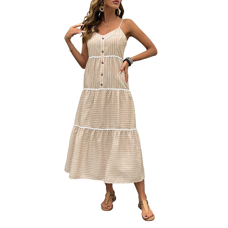 Striped Cami Maxi Dress with Tiered Skirt and Button Front