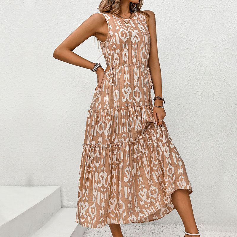 Sleeveless Abstract Print Tiered Maxi Dress