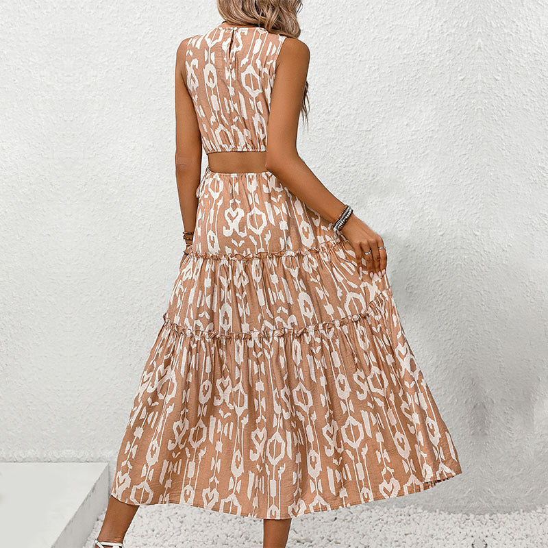 Sleeveless Abstract Print Tiered Maxi Dress