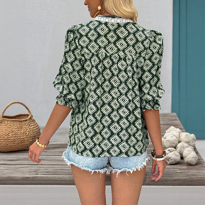 Geometric Print Blouse with Tie-Neck and Ruffle 3/4 Sleeves