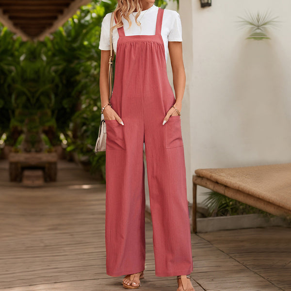 Solid Color Loose Wide-Leg Overalls with Pockets