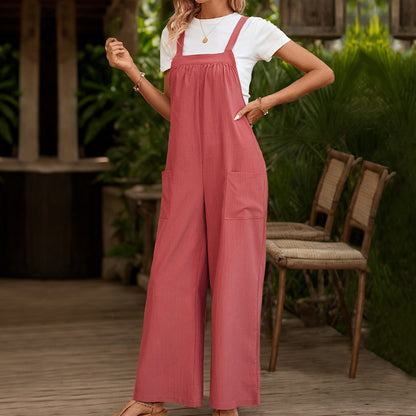 Solid Color Loose Wide-Leg Overalls with Pockets