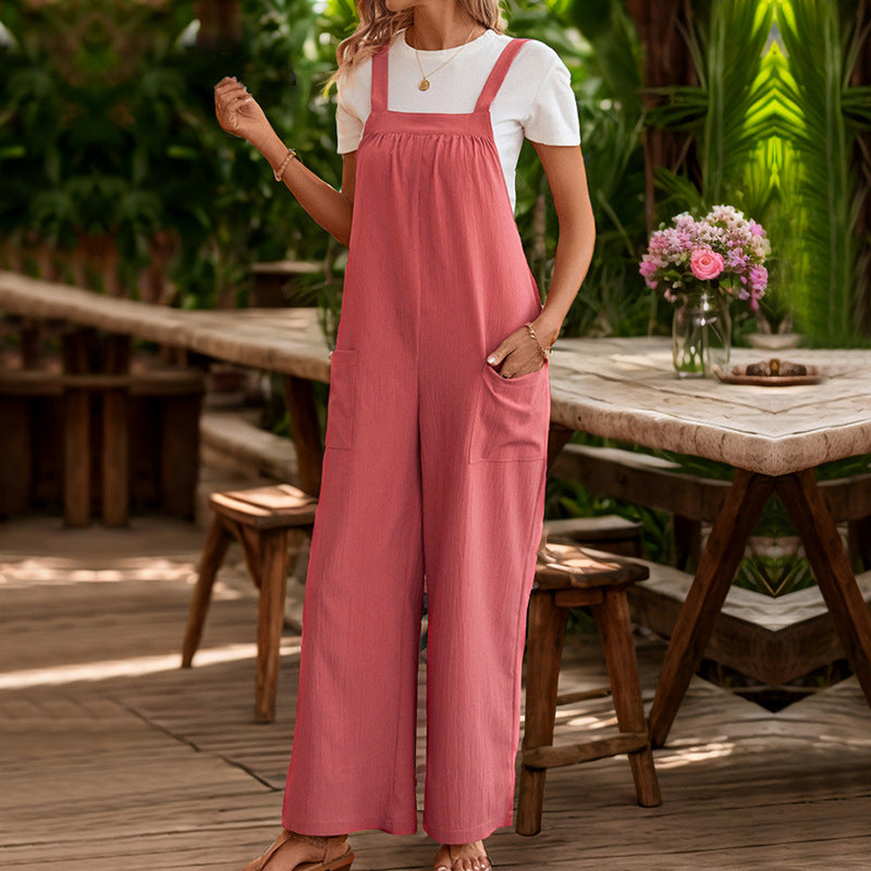 Solid Color Loose Wide-Leg Overalls with Pockets