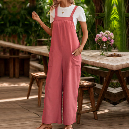 Solid Color Loose Wide-Leg Overalls with Pockets