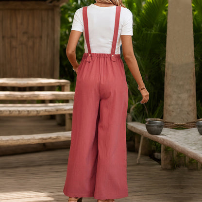 Solid Color Loose Wide-Leg Overalls with Pockets
