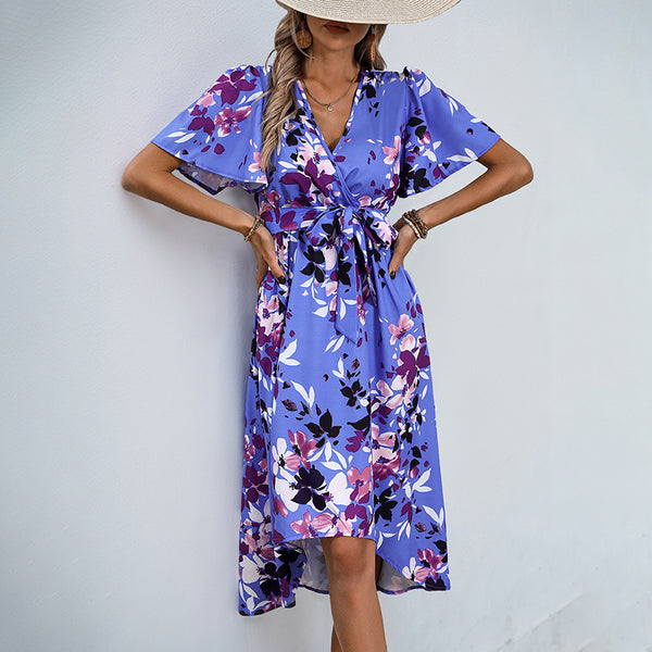 Floral Print Wrap Dress with Flutter Sleeves and High-Low Hem