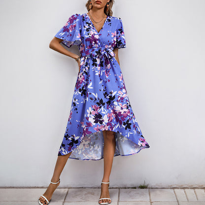 Floral Print Wrap Dress with Flutter Sleeves and High-Low Hem
