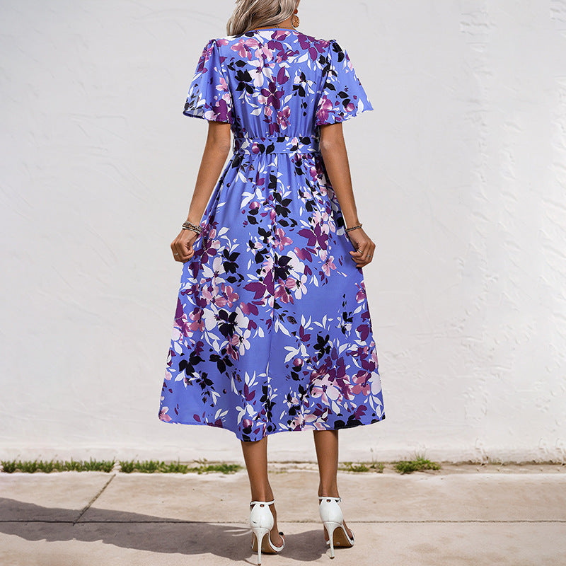 Floral Print Wrap Dress with Flutter Sleeves and High-Low Hem