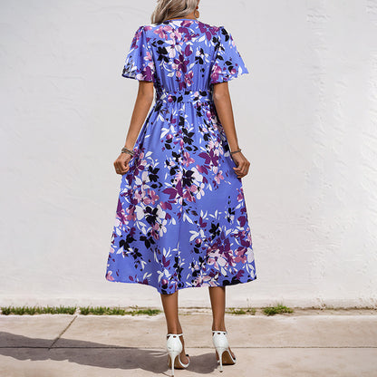 Floral Print Wrap Dress with Flutter Sleeves and High-Low Hem
