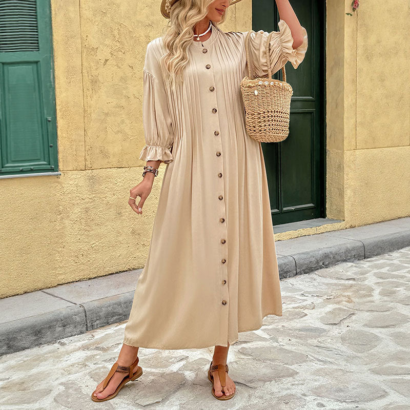 Flowy Maxi Dress with Pleated Front and Button Placket