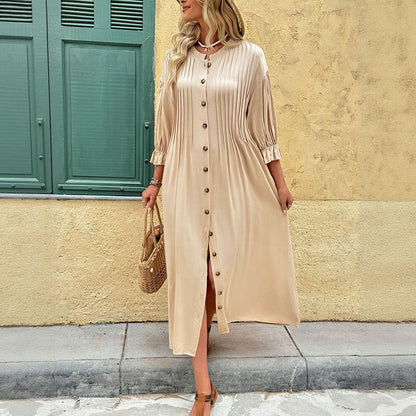 Flowy Maxi Dress with Pleated Front and Button Placket