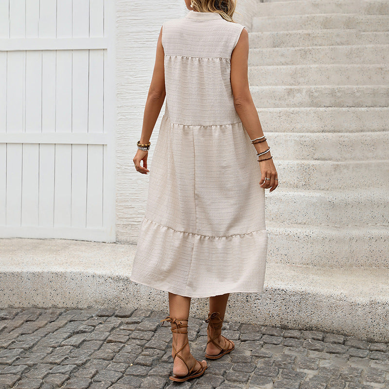 A-Line Tiered Midi Dress with V-Neck and Tassels
