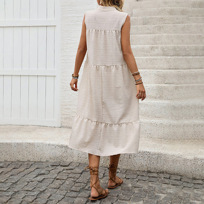 A-Line Tiered Midi Dress with V-Neck and Tassels