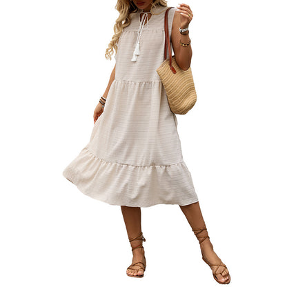 A-Line Tiered Midi Dress with V-Neck and Tassels