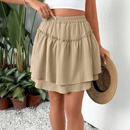 Solid Color A-Line Mini Skirt with Elastic Waist and Tiered Ruffles
