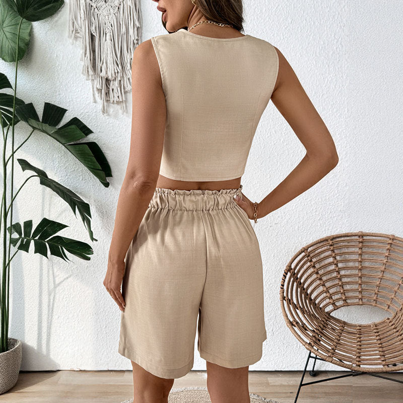 Solid Cropped Vest & Pleated Shorts Set