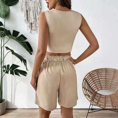Solid Cropped Vest & Pleated Shorts Set