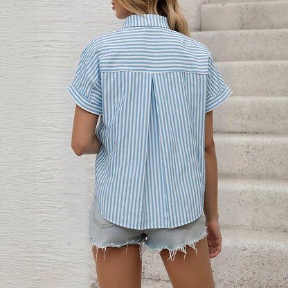 Striped Button-Down Shirt with Lapel Collar and Pockets