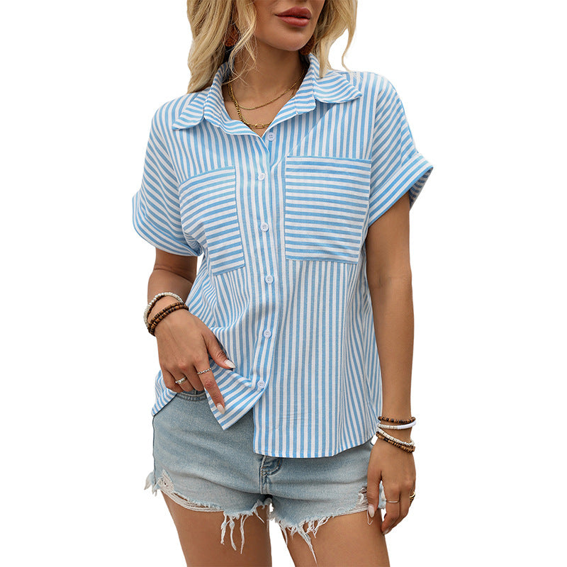 Striped Button-Down Shirt with Lapel Collar and Pockets