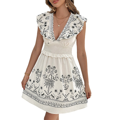 A-Line Dress with Ruffled V-Neck and Embroidery