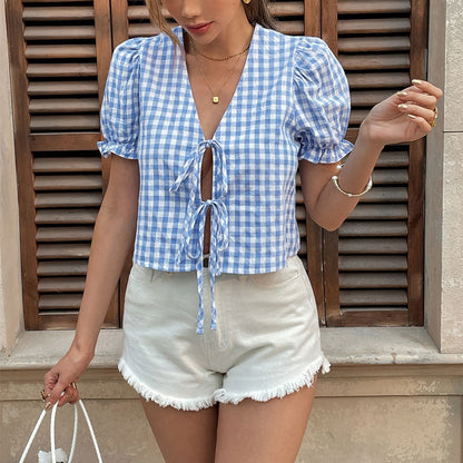 Gingham Cropped Top with V-Neck and Tie Front