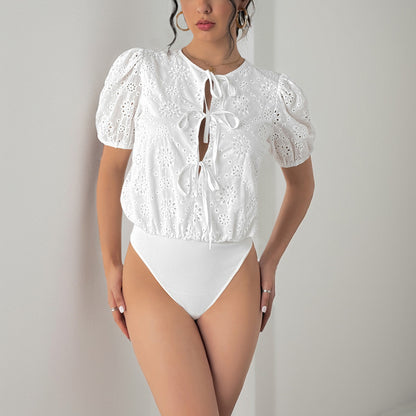 Eyelet Bodysuit with Puff Sleeves and Lace-Up Front