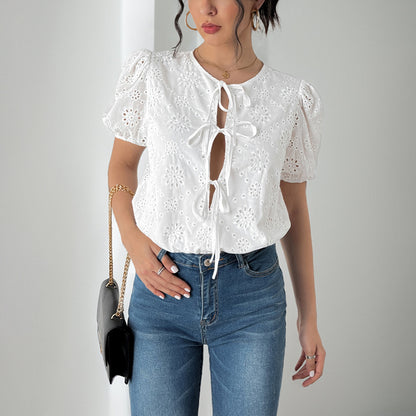 Eyelet Bodysuit with Puff Sleeves and Lace-Up Front