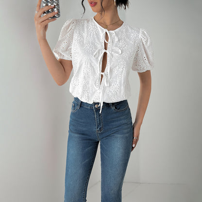 Eyelet Bodysuit with Puff Sleeves and Lace-Up Front