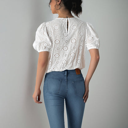Eyelet Bodysuit with Puff Sleeves and Lace-Up Front