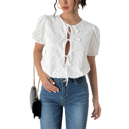 Eyelet Bodysuit with Puff Sleeves and Lace-Up Front