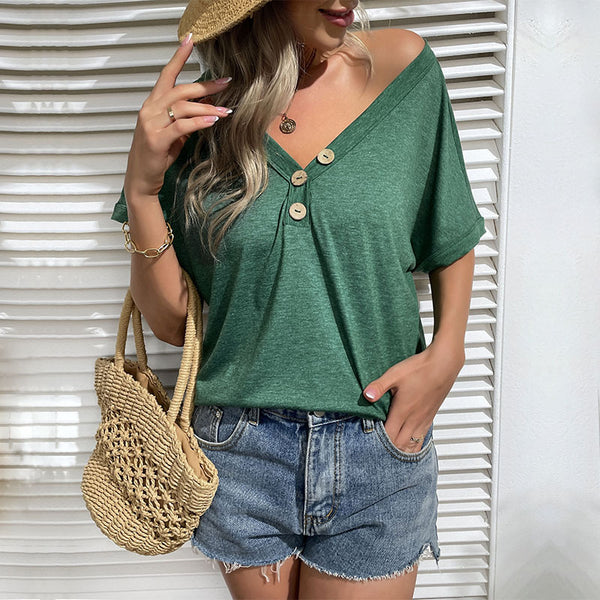 Solid Loose Fit Henley Top with Short Sleeves