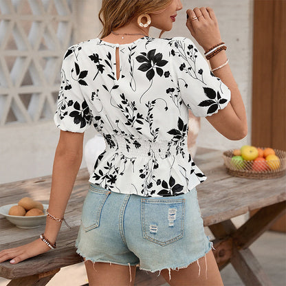 Black & White Floral Print Peplum Top with Puff Sleeves