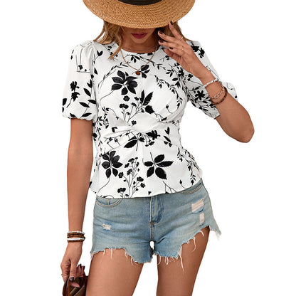 Black & White Floral Print Peplum Top with Puff Sleeves
