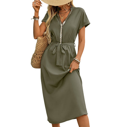 A-Line Midi Dress with Sequin V-Neck and Tie-Waist