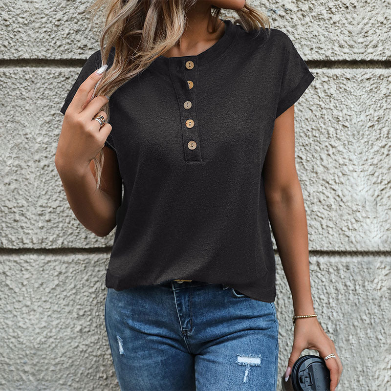Solid Short Sleeve Top with Front Button Placket